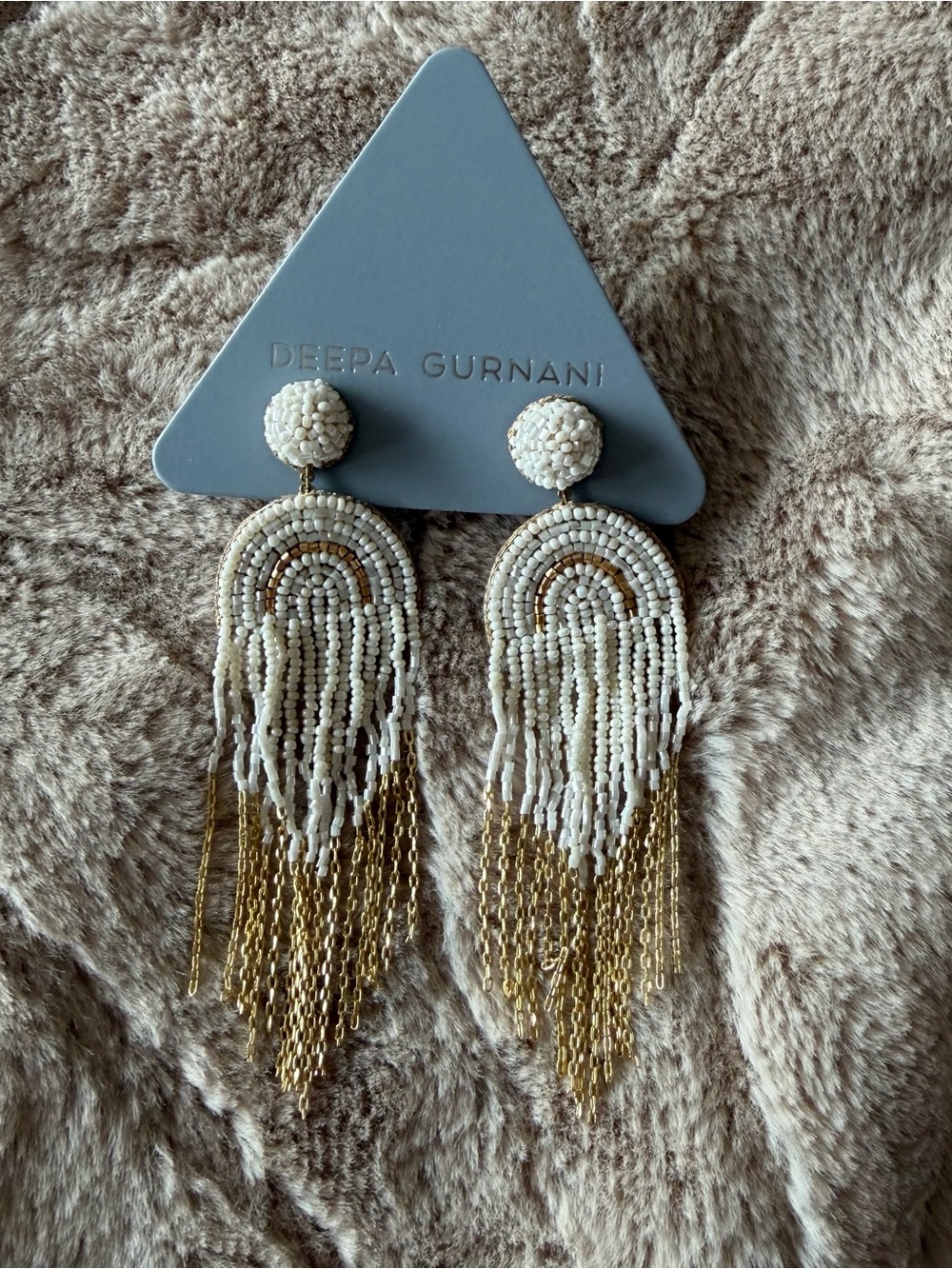 Deepa gurnani White & Gold Beaded Fringe Statement Earrings